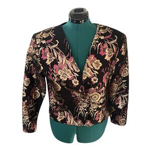 1980s Vintage Ellen D Metallic Floral Blazer Evening Jacket Pink Gold Black S